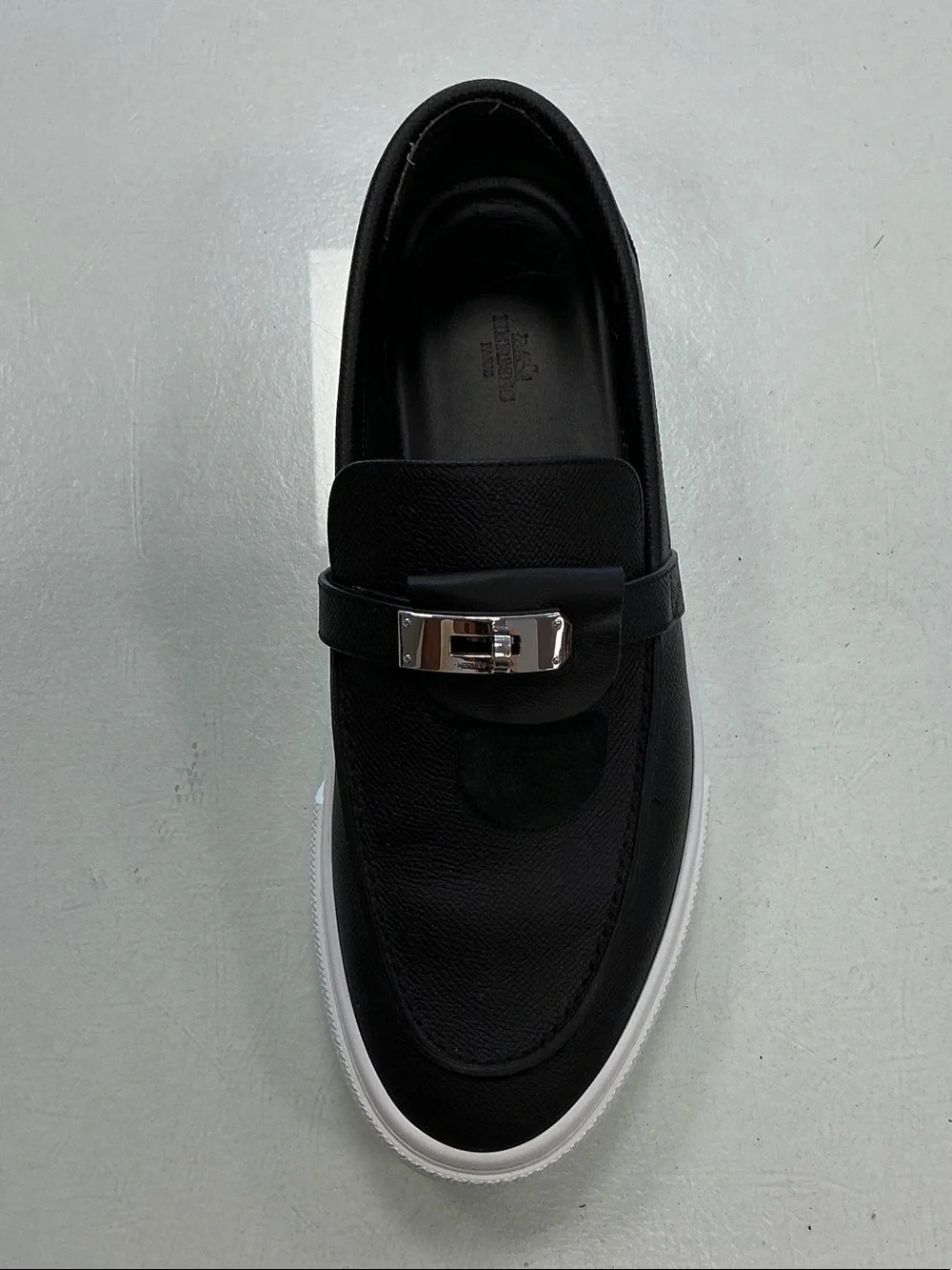 Hermes Men's Black Leather Slip-On Loafer with Silver Buckle